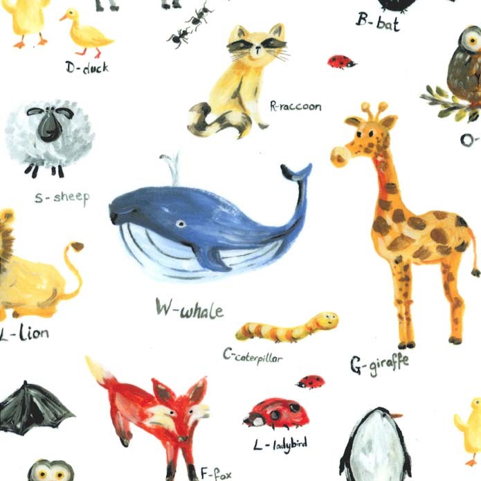 Ткань плюш пэчворк разноцветные, детская тематика животные, Michael Miller (арт. SMP7567-WHIT-D)