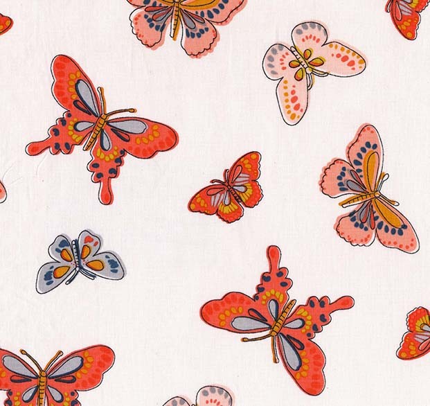 Ткань хлопок пэчворк коралловый, птицы и бабочки, Michael Miller (арт. DC7755-CORA-D)