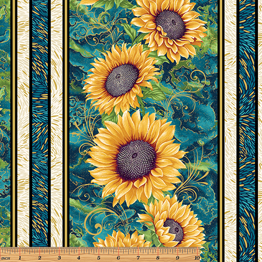 Ткань хлопок пэчворк бирюзовый, полоски цветы бордюры, Benartex (арт. 244806)