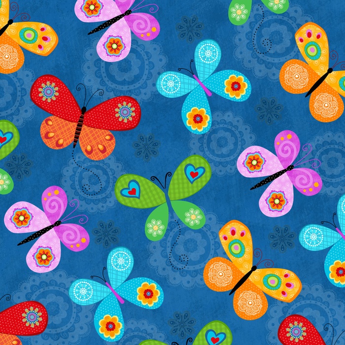 Ткань хлопок пэчворк синий разноцветные, птицы и бабочки детская тематика, Studio E (арт. 212659)