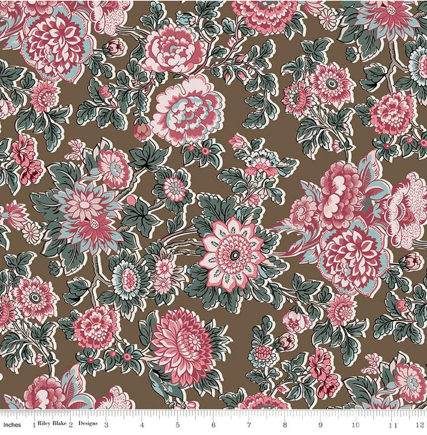 Ткань хлопок пэчворк коричневый, цветы флора, Riley Blake (арт. C10008-CAROLINE)