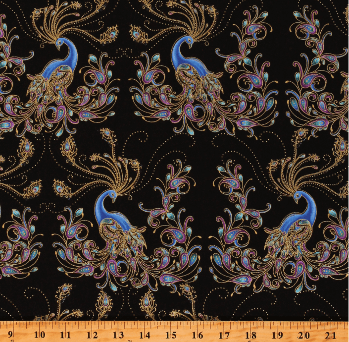 Ткань хлопок пэчворк черный, птицы и бабочки животные металлик, Benartex (арт. 10228M-12)
