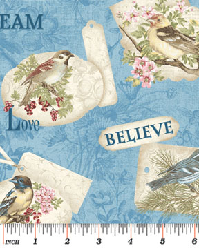 Ткань хлопок пэчворк разноцветные голубой, надписи птицы и бабочки, Benartex (арт. 113564)