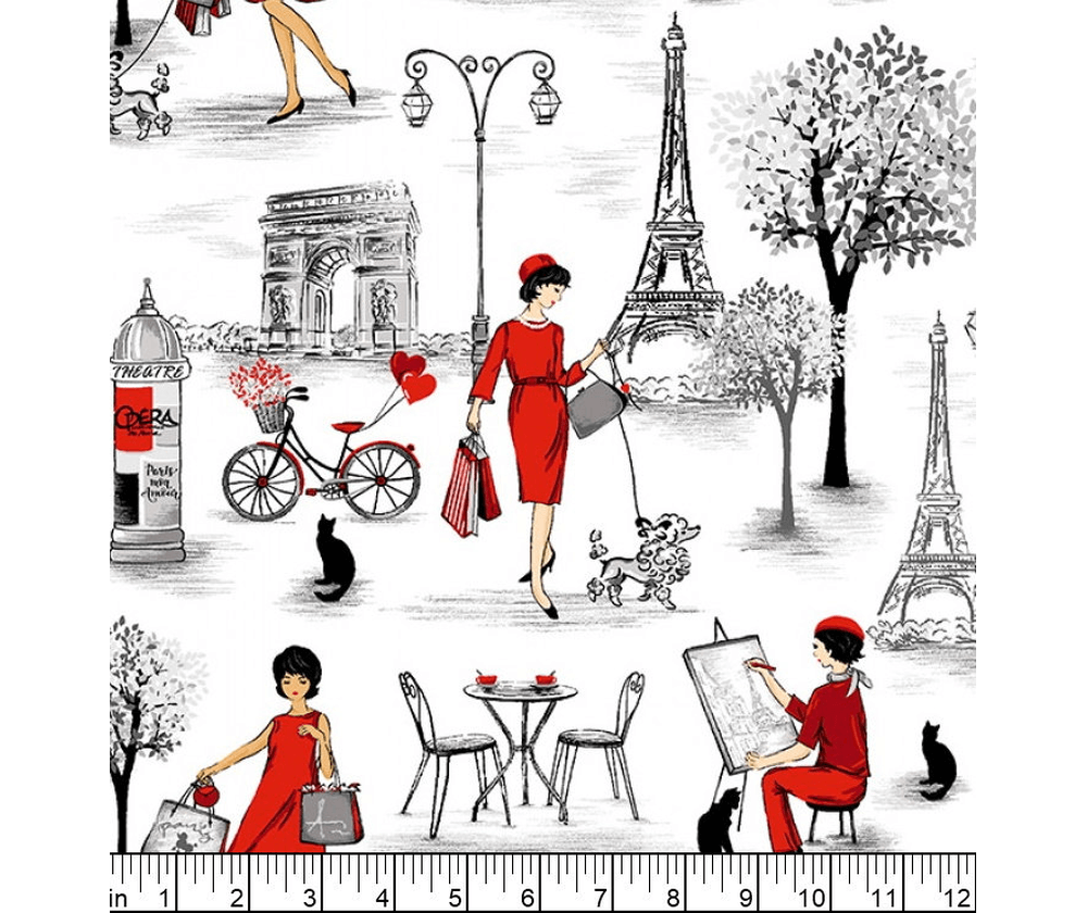 Ткань хлопок для пэчворка белый красный, страны и города винтаж, Timeless Treasures (арт. PARIS-C8685-WHITE)