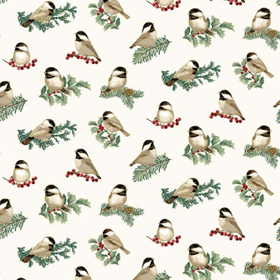 Ткань хлопок пэчворк белый, птицы и бабочки новый год, Benartex (арт. 13182M07B)