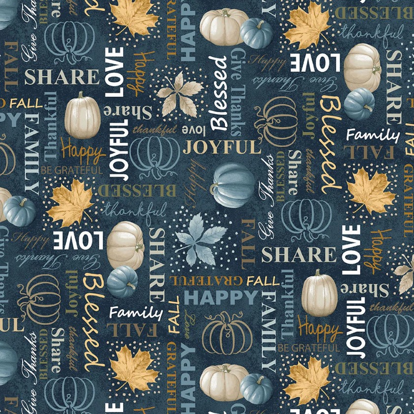 Ткань хлопок для пэчворка синий, надписи овощи осень, Blank Quilting (арт. 4070-77 Navy)