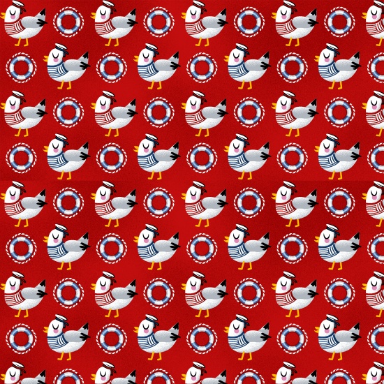 Ткань хлопок пэчворк красный, птицы и бабочки морская тематика, Studio E (арт. 4408-88)
