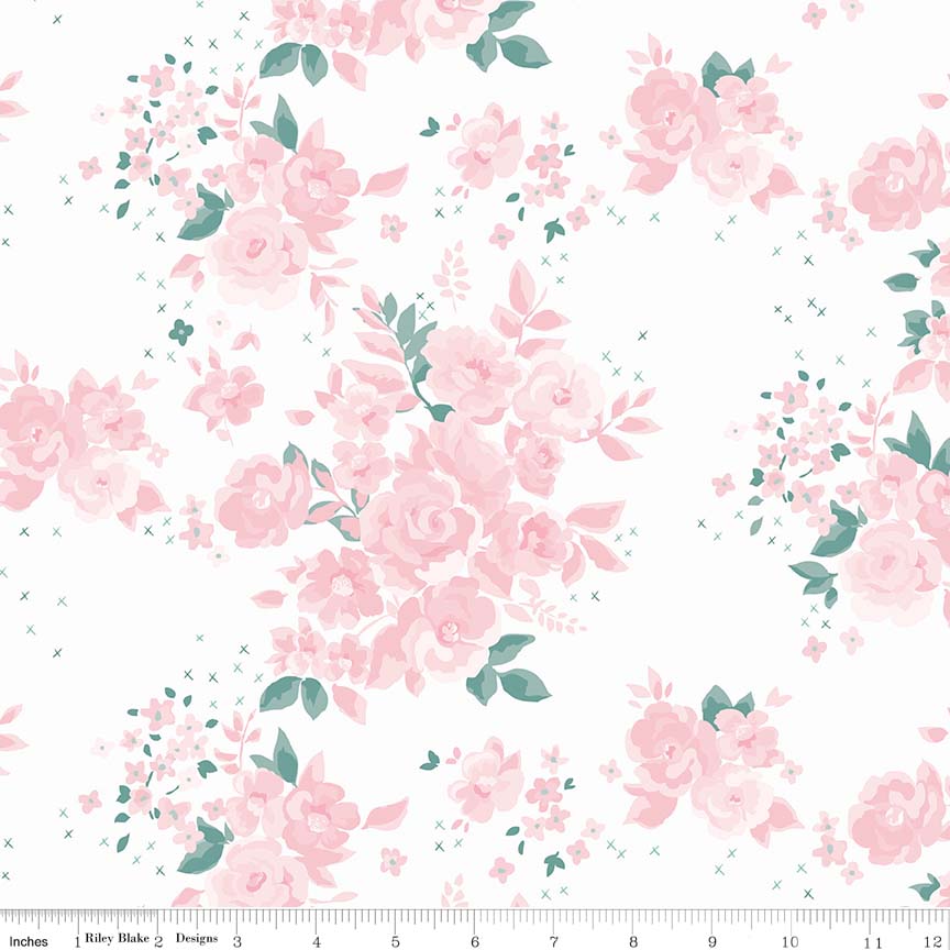 Ткань хлопок для пэчворка для одежды белый, цветы, Riley Blake (арт. C7926-PINK)