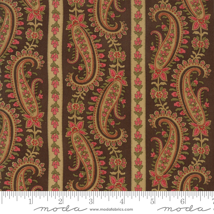 Ткань хлопок для пэчворка коричневый, полоски бордюры пейсли, Moda (арт. 255281)