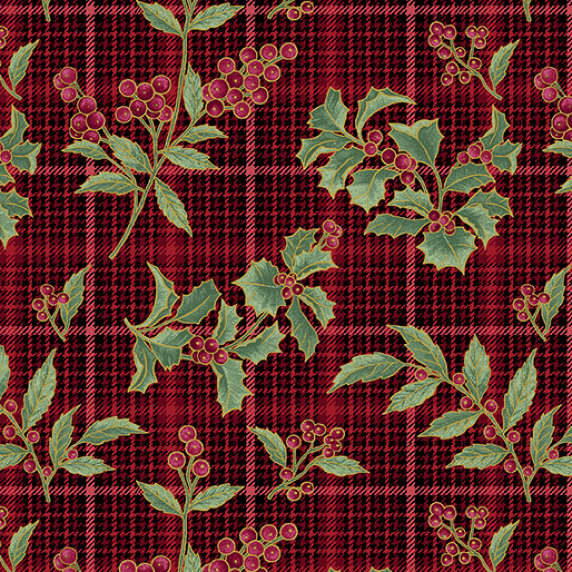 Ткань хлопок пэчворк красный, цветы клетка новый год, Benartex (арт. 13185M10B)