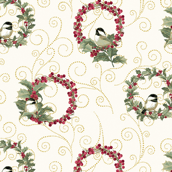 Ткань хлопок пэчворк бежевый, птицы и бабочки новый год, Benartex (арт. 13181M07B)