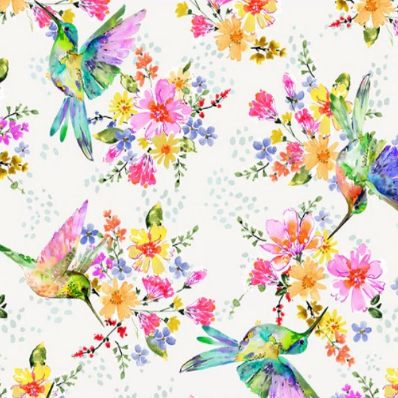 Ткань хлопок ткани на изнанку белый, птицы и бабочки цветы, Windham Fabrics (арт. 54323W-1)