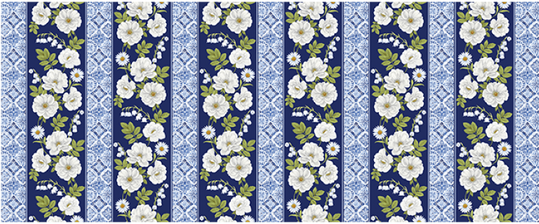 Ткань хлопок пэчворк синий белый, цветы бордюры, Benartex (арт. 9491-55)