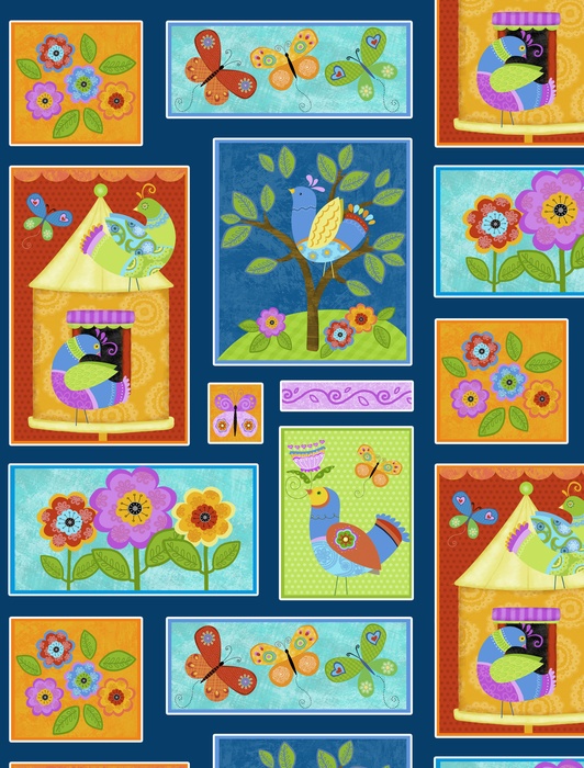 Ткань хлопок пэчворк разноцветные, птицы и бабочки цветы детская тематика, Studio E (арт. 212651)