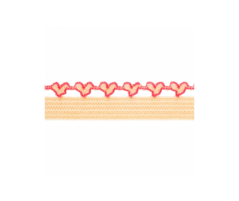 Тесьма эластичная ажурная 11 мм, бежевый с розовыми сердцами