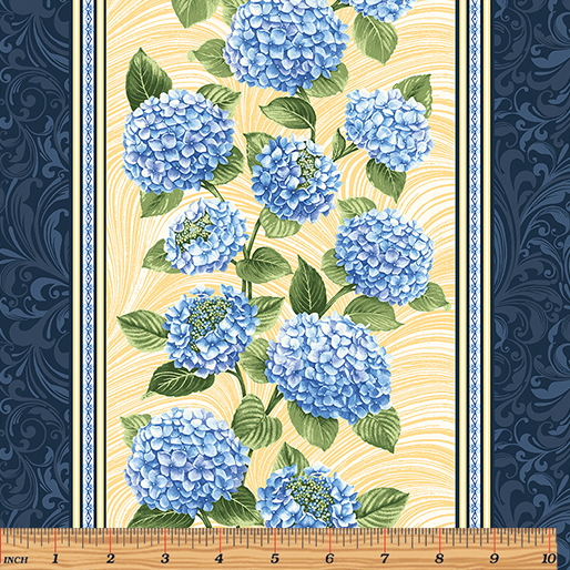 Ткань хлопок пэчворк желтый синий голубой, полоски цветы бордюры, Benartex (арт. 244847)
