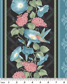Ткань хлопок пэчворк розовый черный голубой, птицы и бабочки цветы бордюры, Benartex (арт. 120564)