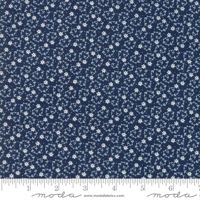 Ткань хлопок пэчворк синий, мелкий цветочек цветы завитки, Moda (арт. 5711 19)