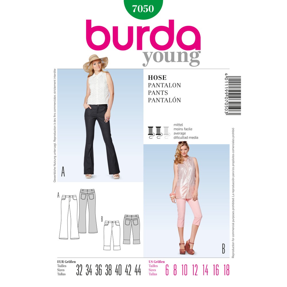 Выкройка женская Burda арт. 7050 брюки-клёш, брюки-капри
