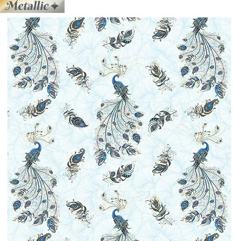 Ткань хлопок пэчворк голубой, птицы и бабочки животные металлик, Benartex (арт. 10227M-80)