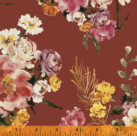 Ткань хлопок пэчворк бордовый, цветы флора, Windham Fabrics (арт. 52252-5)