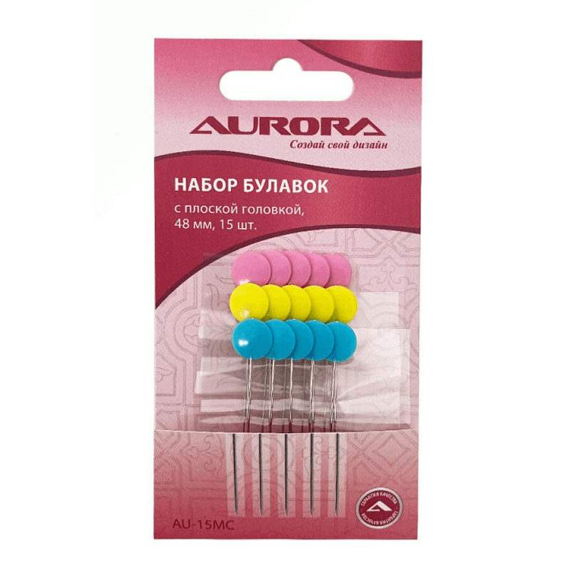 Булавки портновские Aurora AU-15MC с плоской головкой в виде круга 48 мм 15 шт.