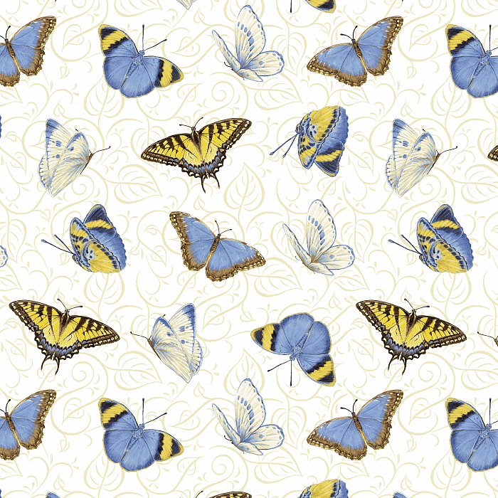 Ткань хлопок пэчворк белый, птицы и бабочки реалистичные, Henry Glass (арт. 253125)