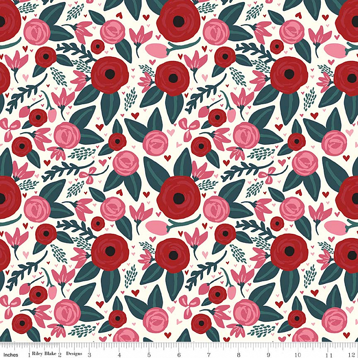 Ткань хлопок пэчворк красный, цветы, Riley Blake (арт. C7621-CREAM)