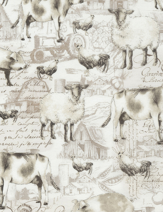 Ткань хлопок пэчворк бежевый, надписи ферма животные, Timeless Treasures (арт. 235461)