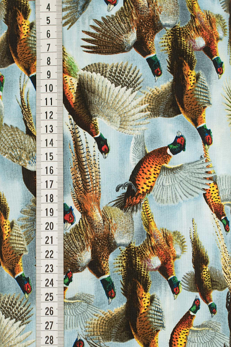 Ткань хлопок пэчворк коричневый голубой, птицы и бабочки реалистичные, ALFA (арт. 234776)
