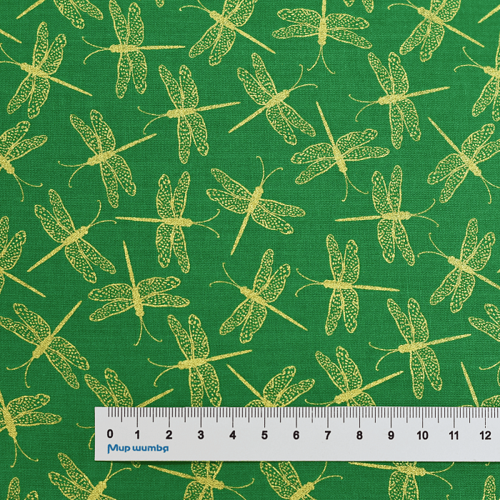 Ткань хлопок пэчворк зеленый, птицы и бабочки металлик, Benartex (арт. 9757M-44)