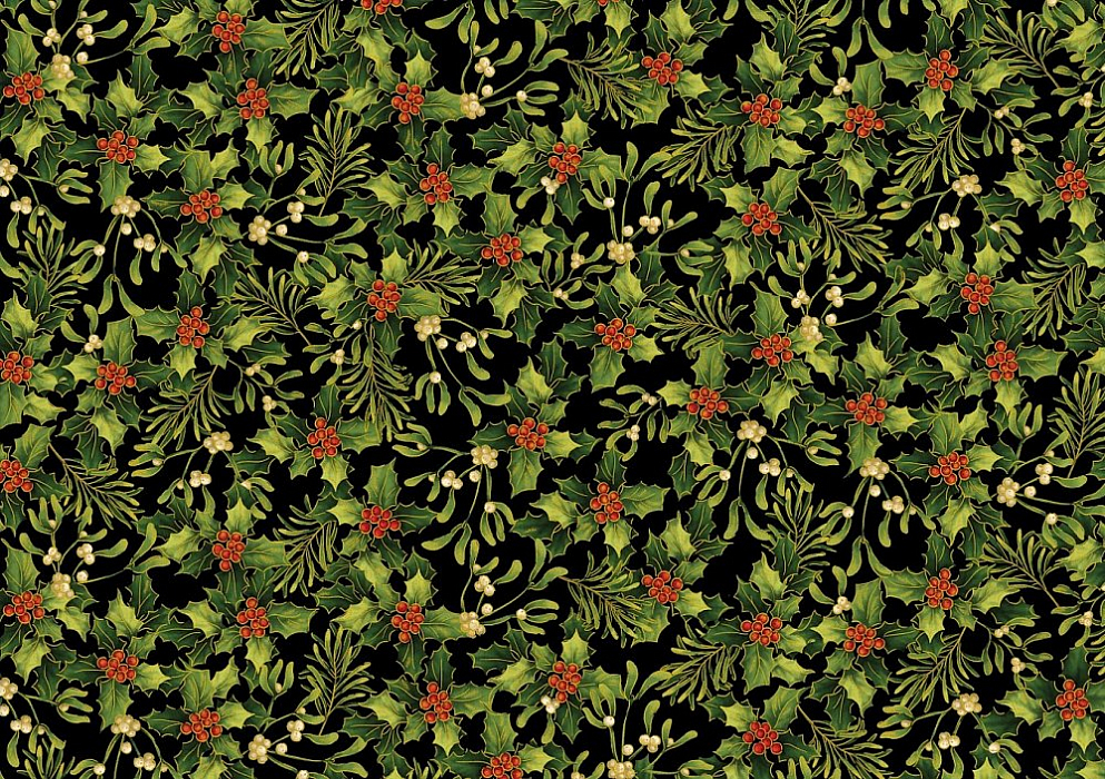 Ткань хлопок пэчворк черный зеленый красный, цветы новый год флора, Benartex (арт. 9664M-12)