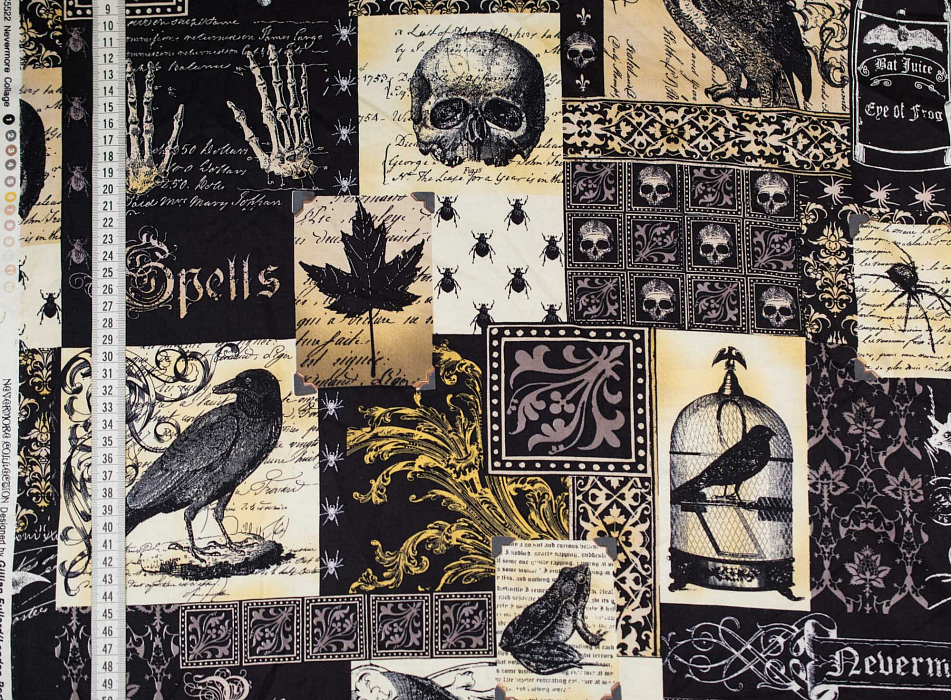 Ткань хлопок пэчворк черный бежевый, птицы и бабочки необычные хеллоуин, ALFA (арт. 234800)