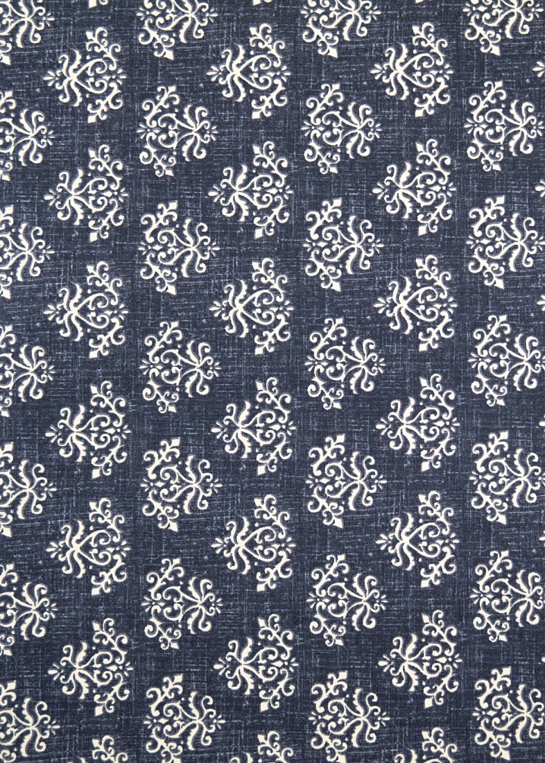 Ткань хлопок для пэчворка синий, завитки дамаск, General Fabrics (арт. 22388 BLA)
