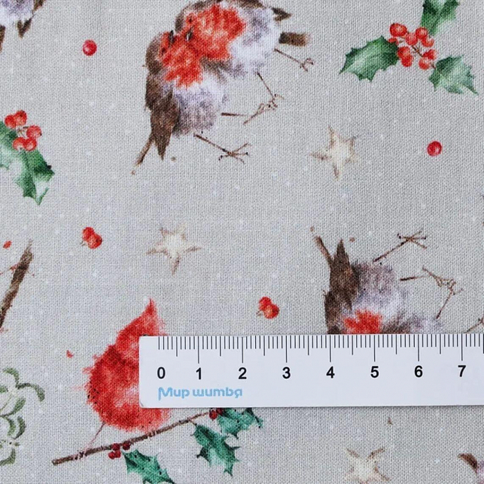 Ткань хлопок пэчворк серый, птицы и бабочки детская тематика новый год, Maywood Studio (арт. MASD10374-E)