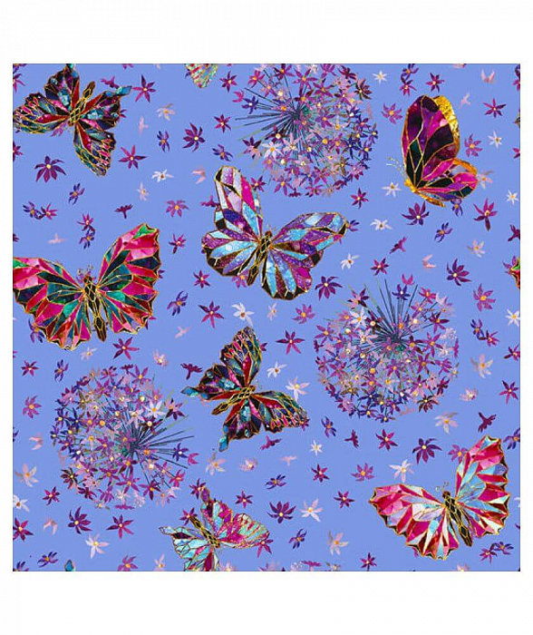 Ткань хлопок пэчворк синий, птицы и бабочки цветы флора, Blank Quilting (арт. 1630-72)