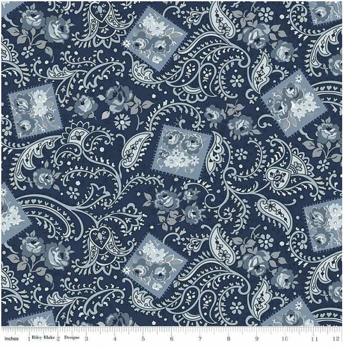 Ткань хлопок пэчворк синий, цветы розы, Riley Blake (арт. C9601-NAVY)