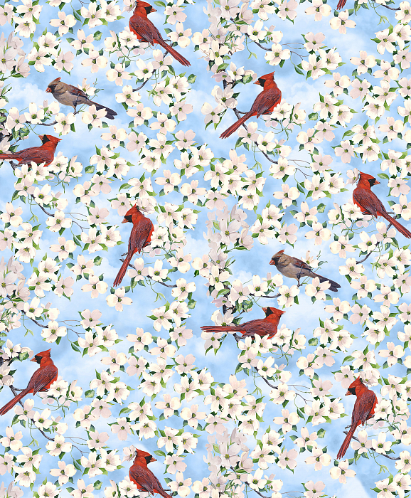 Ткань хлопок пэчворк красный белый голубой, птицы и бабочки цветы, Blank Quilting (арт. 237348)
