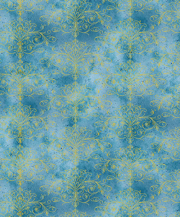 Ткань хлопок пэчворк голубой бирюзовый золото, с блестками, Benartex (арт. 235890)