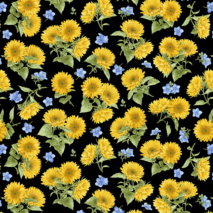Ткань хлопок пэчворк желтый черный, цветы реалистичные, Henry Glass (арт. 253124)