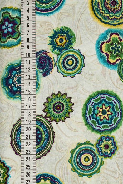 Ткань хлопок пэчворк зеленый бежевый разноцветные, необычные геометрия, ALFA (арт. 229491)