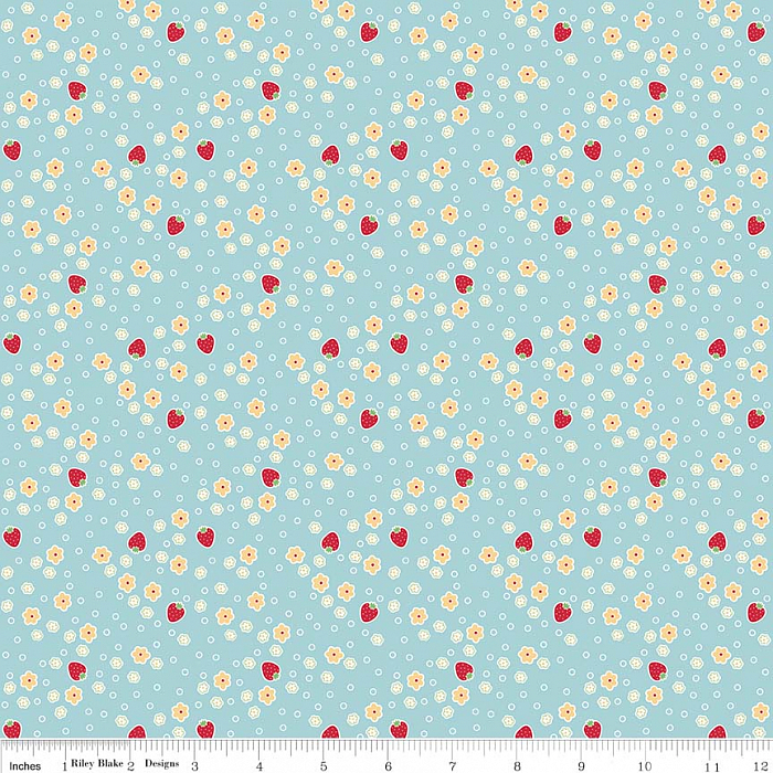 Ткань хлопок пэчворк голубой, мелкий цветочек ягоды и фрукты, Riley Blake (арт. 244576)