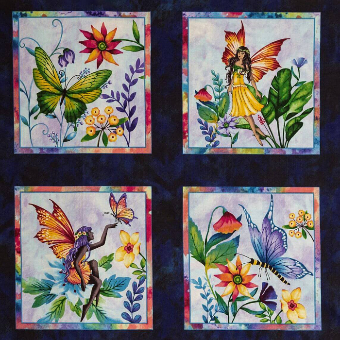 Ткань хлопок пэчворк синий, птицы и бабочки детская тематика флора, Henry Glass (арт. 3019-77)
