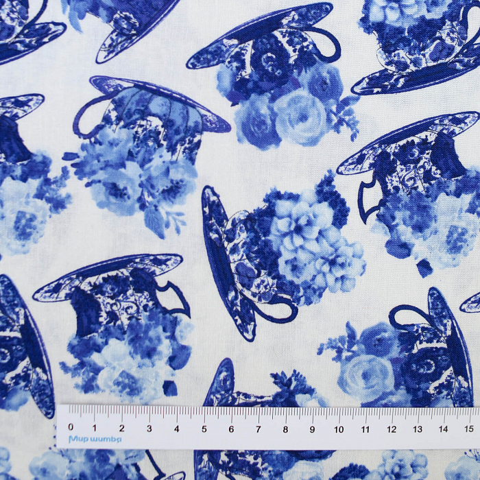 Ткань хлопок пэчворк синий, цветы кухонная утварь розы, Blank Quilting (арт. 1729-01)