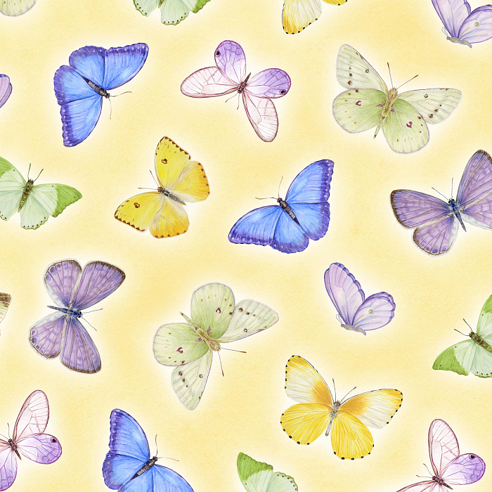 Ткань хлопок пэчворк желтый разноцветные, птицы и бабочки, Henry Glass (арт. 216098)