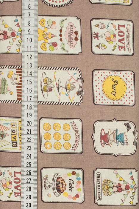 Ткань хлопок пэчворк желтый бежевый серый, надписи еда и напитки праздники, ALFA Z DIGITAL (арт. 224177)