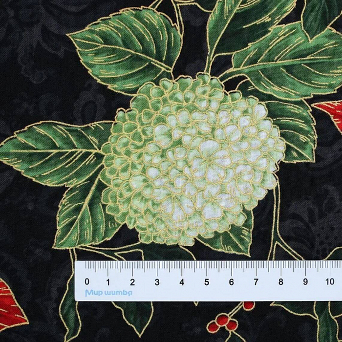 Ткань хлопок пэчворк черный, цветы новый год, Robert Kaufman (арт. SRKM-21595-2)