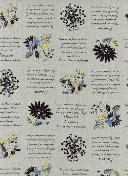 Ткань хлопок пэчворк черный серый, надписи цветы, Lecien (арт. 231782)