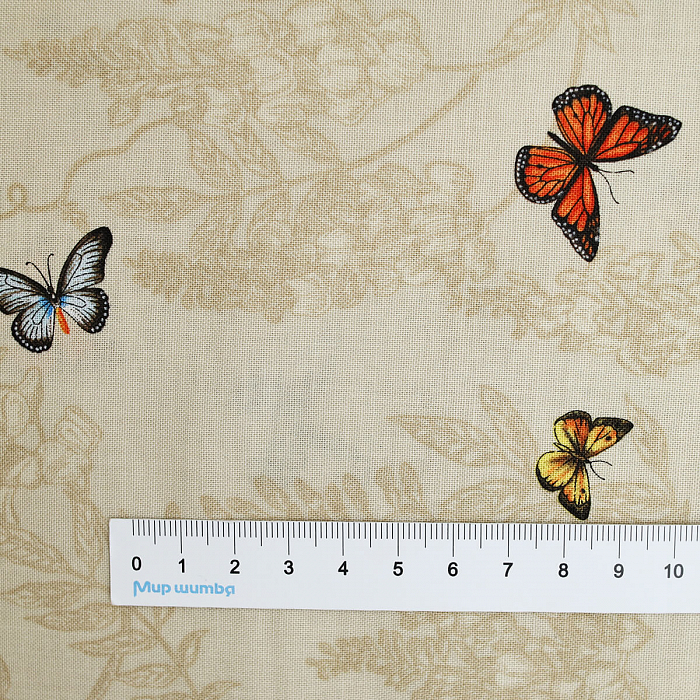 Ткань хлопок пэчворк бежевый, птицы и бабочки, FreeSpirit (арт. PWSA031.LINEN)