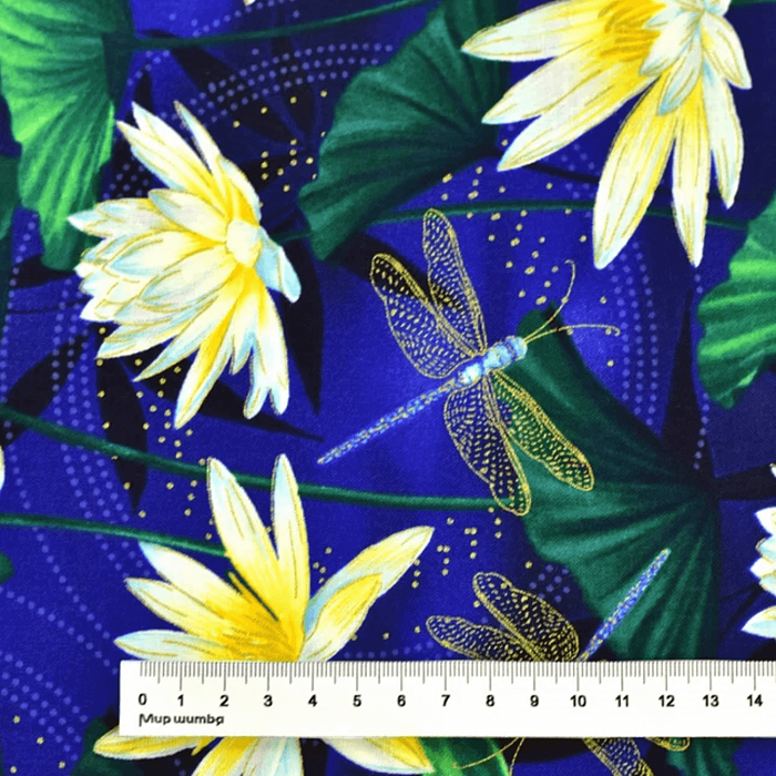 Ткань хлопок пэчворк синий, птицы и бабочки цветы природа флора металлик, Benartex (арт. 9754M-54)